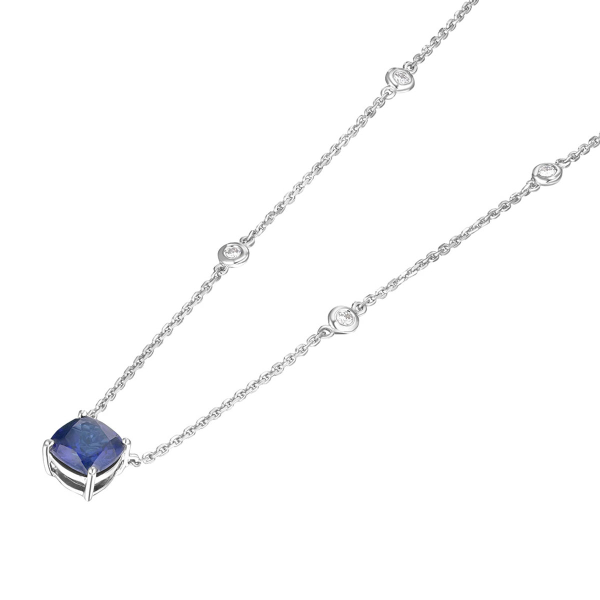 Astra 2.40ct Lab Sapphire and Diamond Solitaire Cushion Cut Necklace in Silver